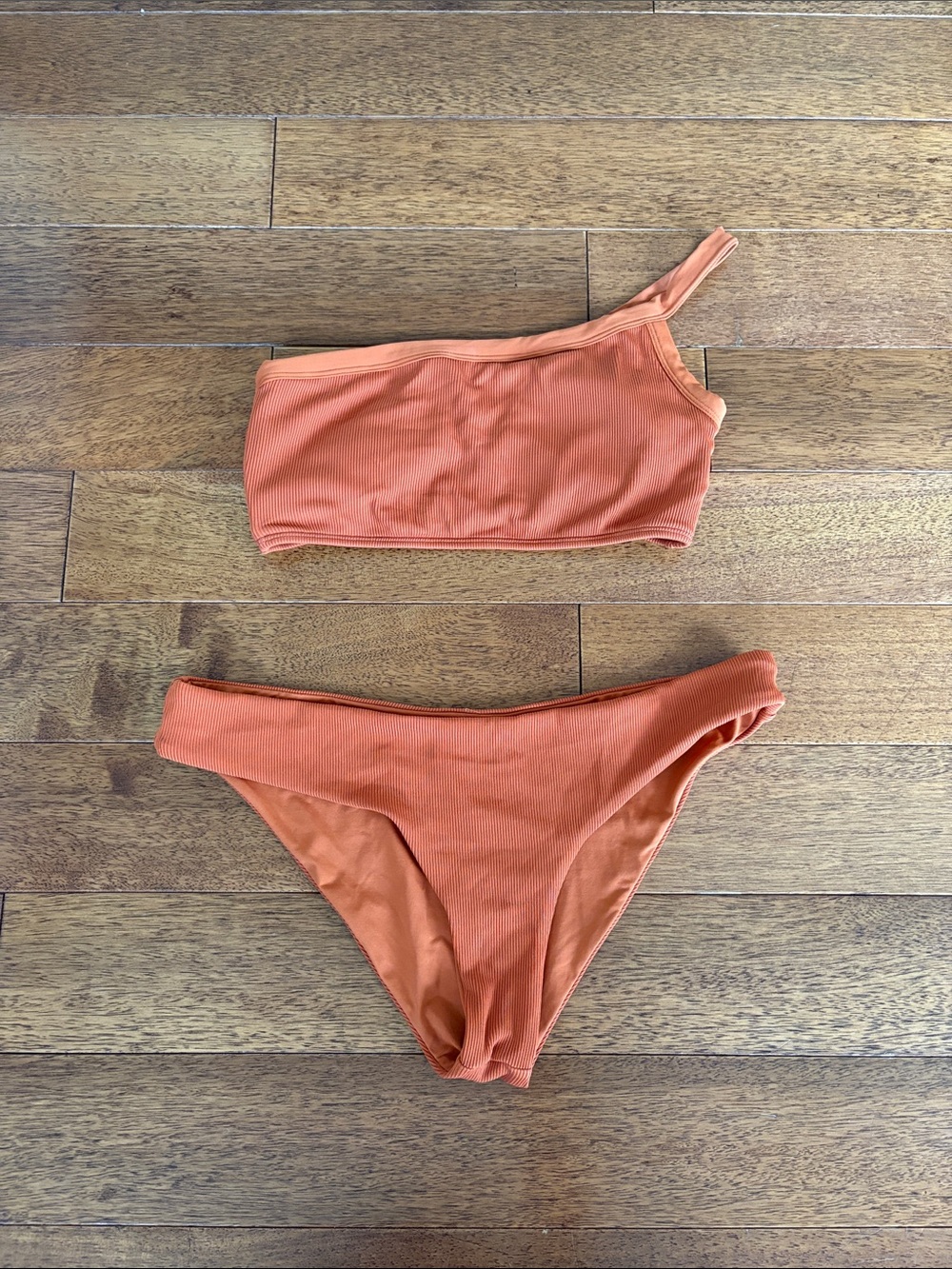 One-Shoulder Rust Orange Ribbed Bikini Set - Women Swim